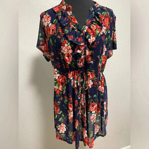 Ivy Rose Navy Blue Sheer Babydoll Short Sleeve Blouse Womens Sz 2X Rose Print